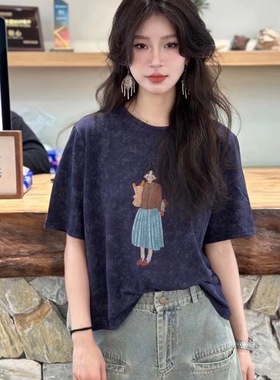 文艺 23552新款圆领印花复古水洗T恤衫女恤夏季女上衣女女短袖恤
