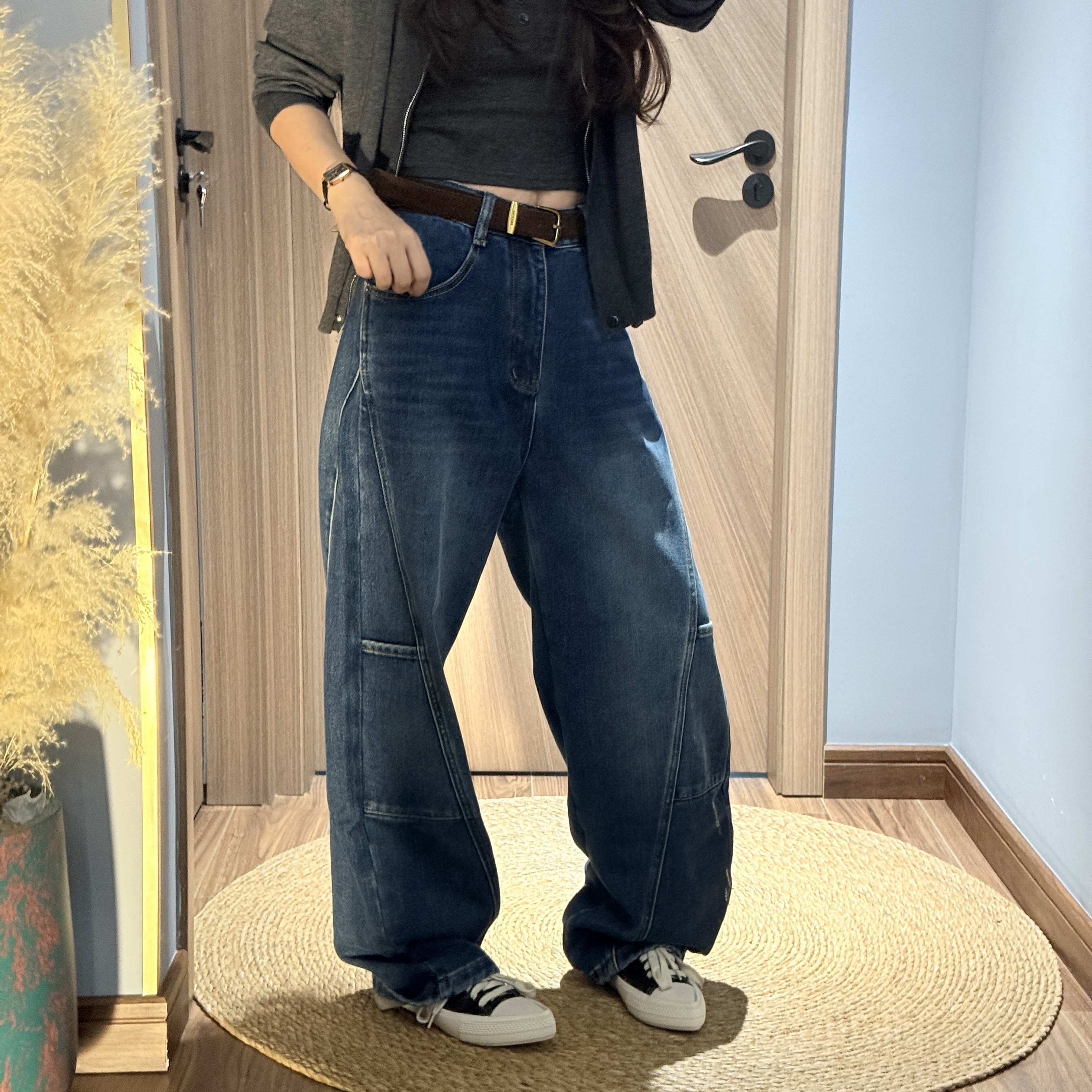 索玛拉67331 冬季植绒 2025新品酷飒挺括蓝色无弹阔腿弯刀牛仔裤W