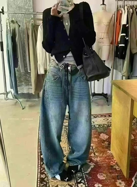 特价 56502夏季新款潮牌设计感牛仔裤显瘦高圆口袋腰牛仔弯刀裤X