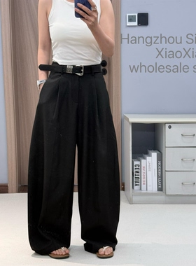 DY 2386 春夏高腰配腰带减龄百搭纯色弯刀宽松阔腿裤休闲长裤女SM