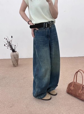 JEANS 73062冬季复合绒2025新款高腰宽松无弹美式弯刀裤牛仔裤女B