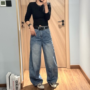 JEANS W071 春季2026新款高腰宽松无弹美式烫钻弯刀裤牛仔长裤女H