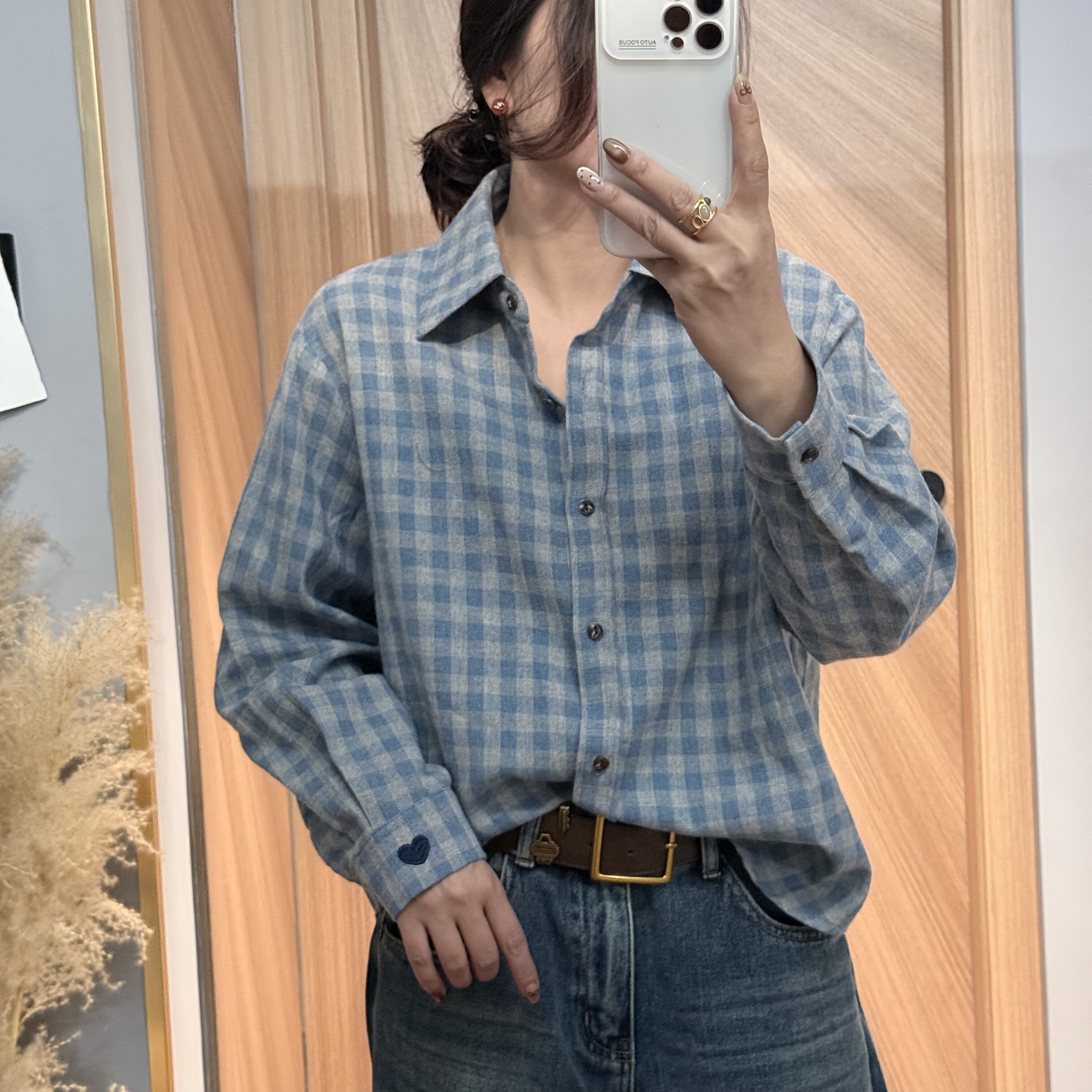 韩系 5959 秋冬磨毛纯棉新款宽松百搭灰兰格子衬衫内搭叠穿上衣女