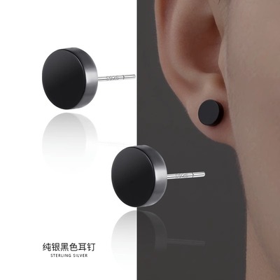 925纯银耳钉天然黑玛瑙男小众个性潮流痞帅耳环新款潮养耳洞耳饰