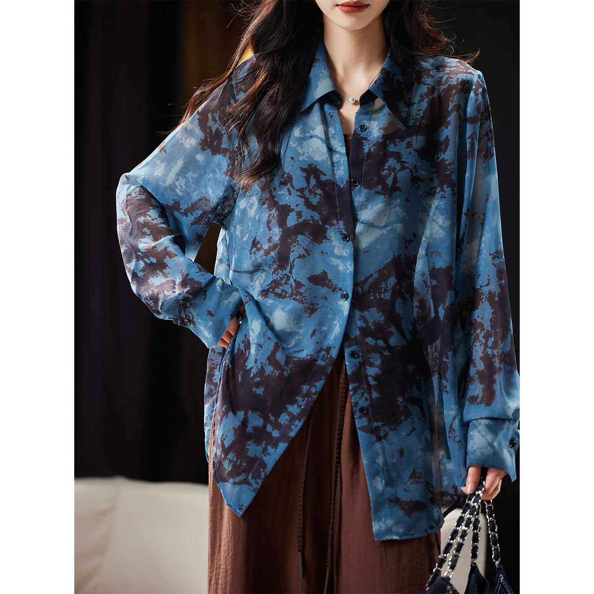 衣品乐复古水墨印花雪纺防晒衬衫女夏季凉感开衫大码宽松翻领上衣