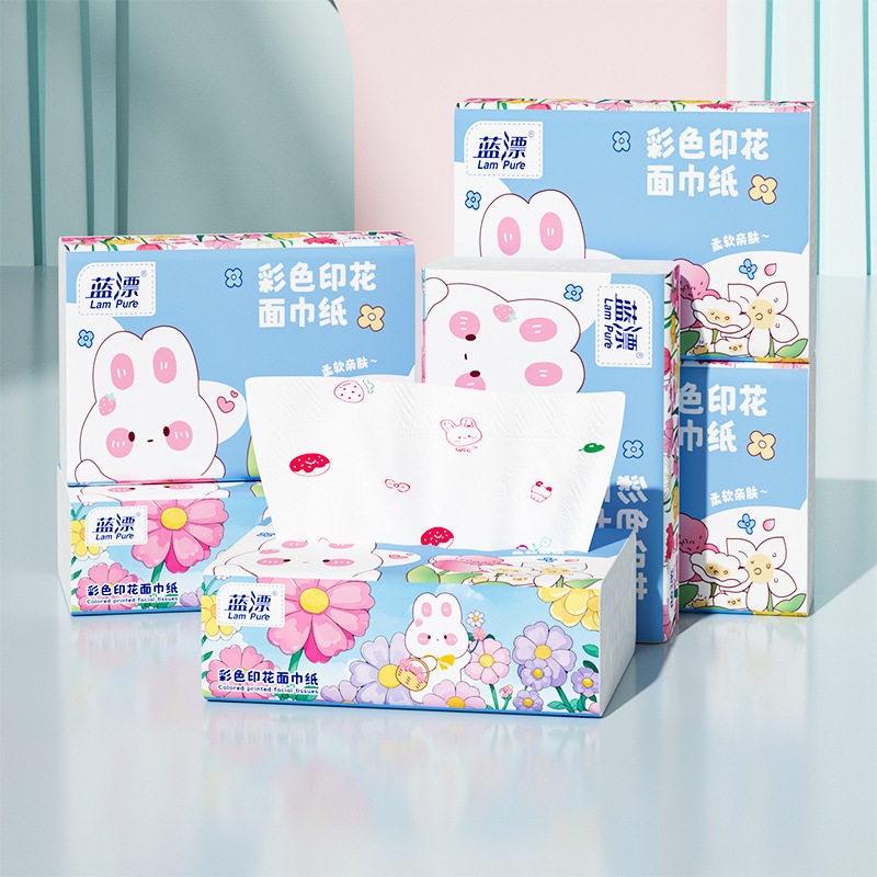 蓝漂工厂亲肤柔韧面巾纸新品印花纸巾家用纸巾大包装白色抽纸