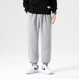 加肥加大码休闲裤子运动卫裤灰色束脚男宽松抽绳绣标长裤运动风