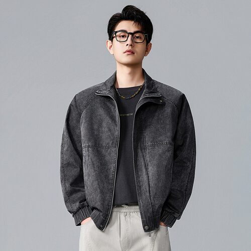 美式复古立领宽松牛仔外套男