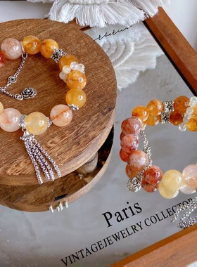 【秋末】天然黄红胶花黄兔毛水晶手串手链默认手围16珠子15m