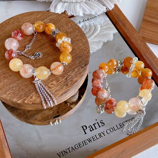 【秋末】天然黄红胶花黄兔毛水晶手串手链默认手围16珠子15m