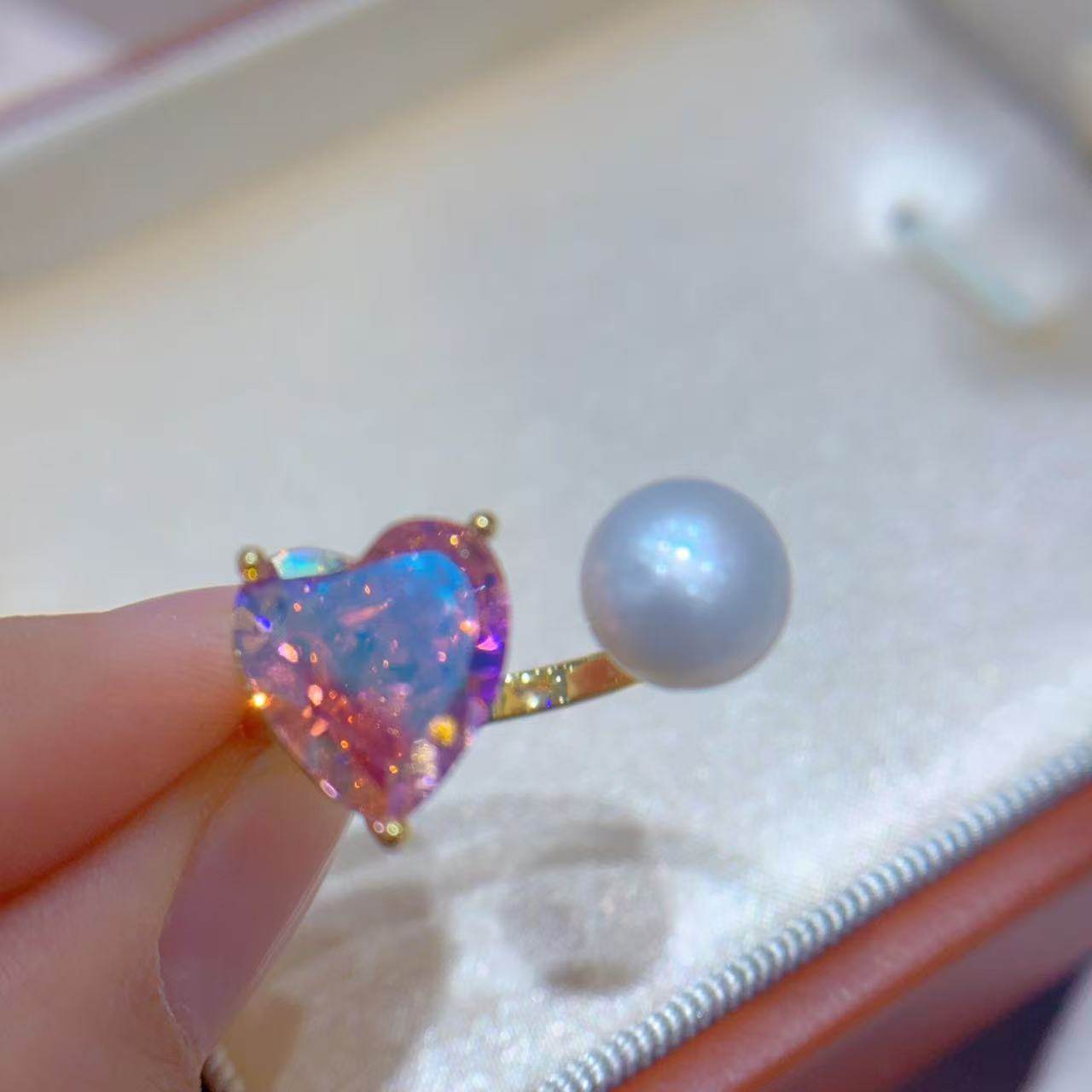 【柒柒Moon直播间】桃心施华风甜美戒指淡水珍珠8-9mm