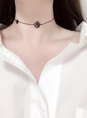 choker黑色镂空山茶花钛钢锁骨链