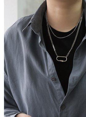 几何双层登山扣秋冬新款银色项链