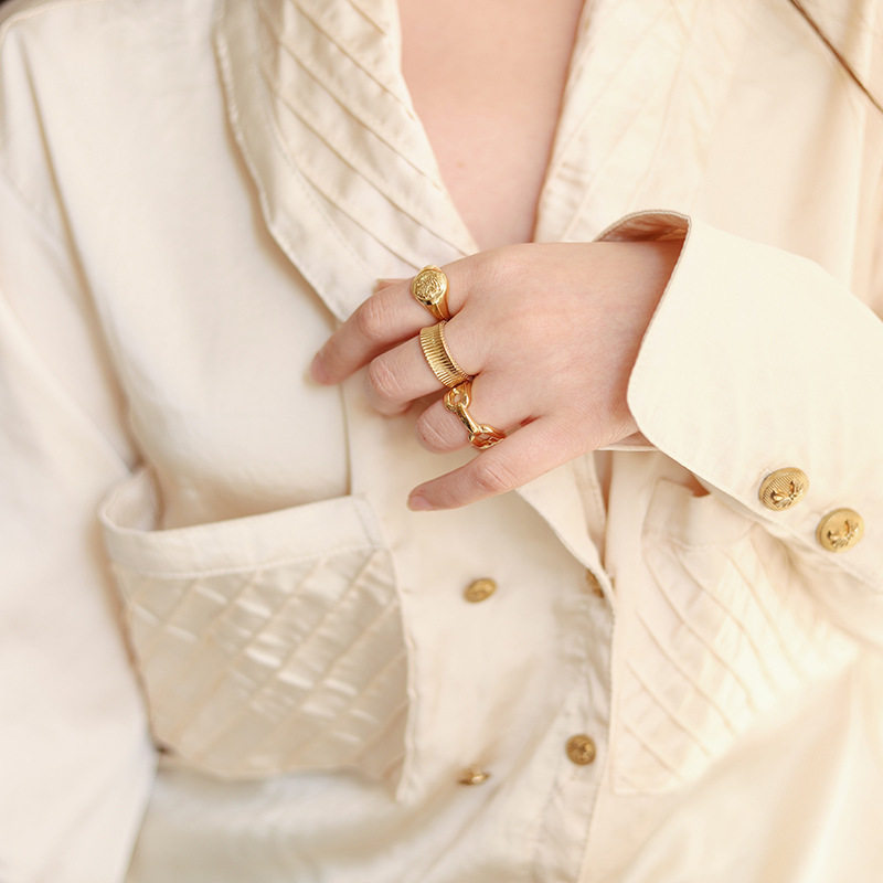 鲸雨饰品 纽扣罗马人像链条三件套戒指欧美重磅指环女款 钛钢