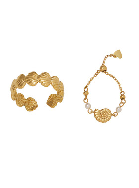 海洋风可调节戒指贝壳海螺珍珠开口不限码数钛钢镀18K金手工JZ081