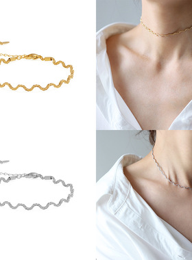XL596 手链项链波浪金属简约线条INS风颈链choker泡面套装 钛钢