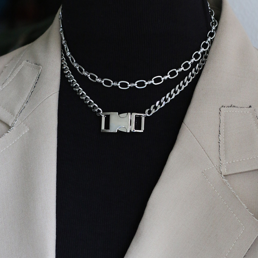 XL087 国潮重磅男女无性别街舞粗链条机能扣项链 银色百搭