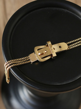 欧美风皮带扣三层钛钢14k金手链