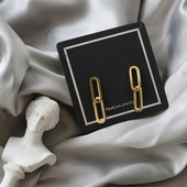 双环椭圆小方格简约几何欧美耳钉 钛钢镀18K金保色新款