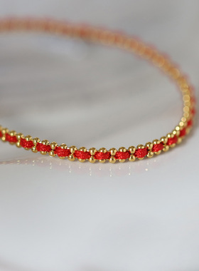 SL105 编珠红绳手工DIY新年红色手链 钛钢镀18K金 货源