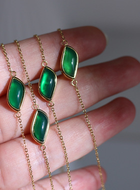 XL093 SL015 鲸雨饰品绿玉髓叶子树叶绿叶弯曲项链手链套组 钛钢