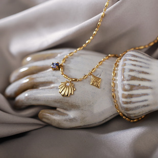 鲸雨饰品 钛钢镀金XL671 贝壳珍珠蓝钻菱形洛可可风项链锁骨链