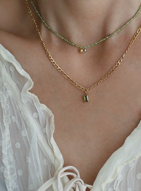 XL566 橄榄绿色系串珠手工锆石项链 简约金银撞色复古锁骨链 钛钢