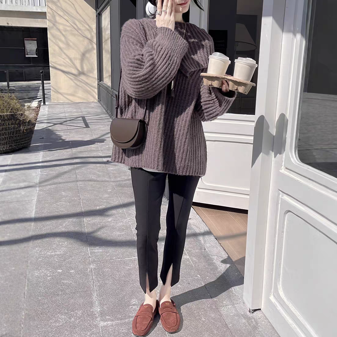 GRACETINA HOO|法式时髦设计感通勤|薄绒开衩九分小脚裤女秋冬