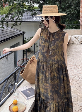 GRACETINA HOO｜法式复古温柔通勤｜丝麻油彩圆领无袖连衣裙女夏