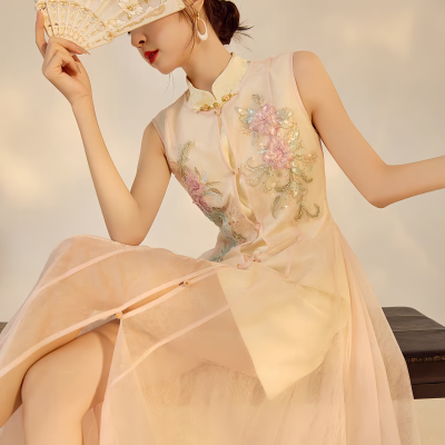 戏｜贵气小众新中式｜珠片刺绣薄纱长开衫&提花旗袍裙套装女夏秋