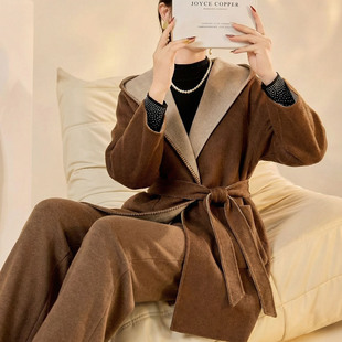 MID|轻奢高智感通勤|羊毛双面呢连帽系带浴袍中长大衣女春秋冬