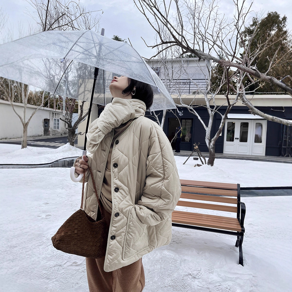 GRACETINA HOO|高智感通勤|菱形格棉服女秋冬(双面穿含围巾)