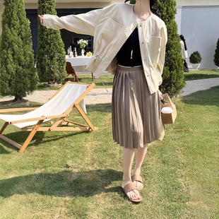 GRACETINA 简约百搭通勤|织带腰头百褶直筒半身裙女春 HOO|法式