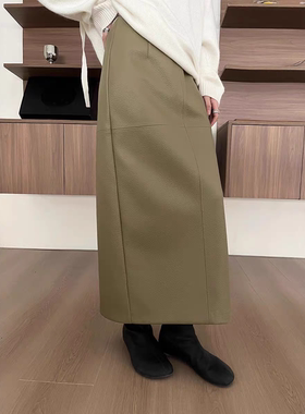 GRACETINA HOO｜法式复古高智感通勤｜蛋白皮开叉直筒半裙女秋冬