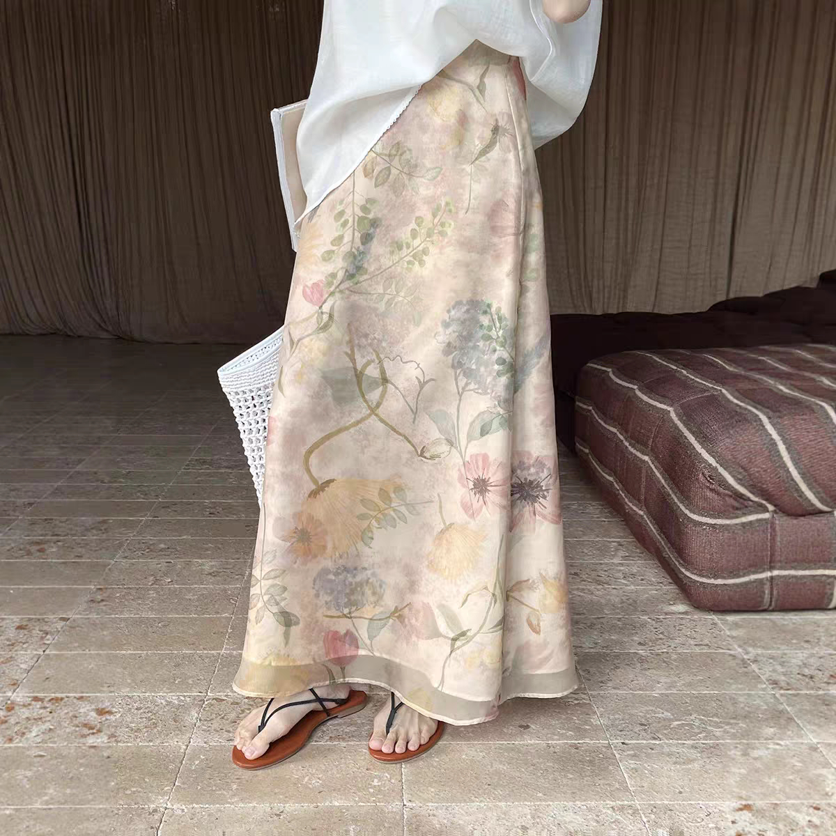 GRACETINA HOO|法式温柔时髦通勤|印花罩纱双层裙摆半身裙女夏