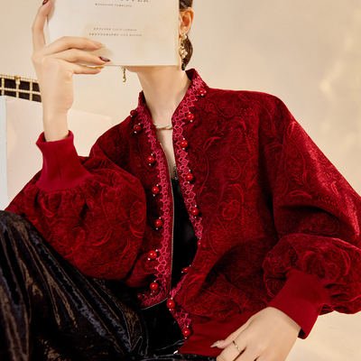 弥蝶｜新年春节｜国风新中式｜提花珠绣灯笼袖夹克外套女春秋冬