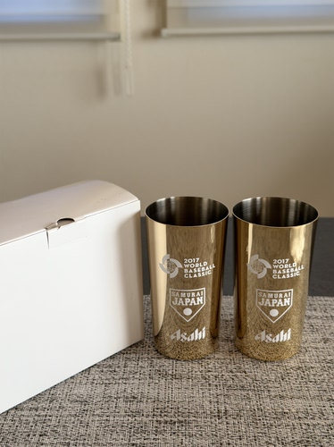 现货实拍日本2017年WBC世界棒球经典赛限定Asahi啤酒杯一对收藏品