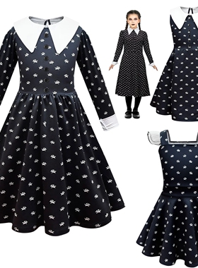 亚当斯一家cos星期三Wednesday万圣节扮演cosplay黑色女孩连衣裙