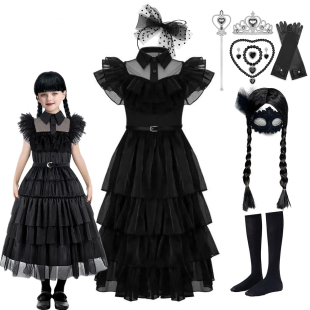 奇幻电视剧《星期三》中的女主角cos服亚当斯一家黑色雪纺女孩裙