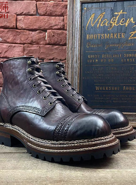 左大师高定精缝1602-3-2G意大利CLOE马屁股四线阶梯挪威缝工装靴