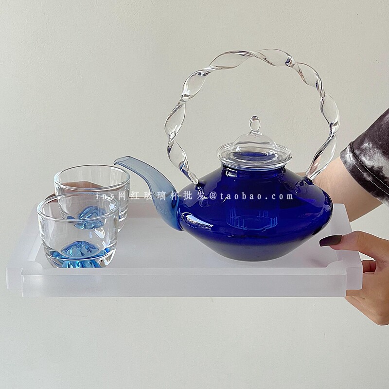 轻奢ins风蓝色冷水壶创意扭纹手柄提梁泡茶壶玻璃花茶杯茶具套装