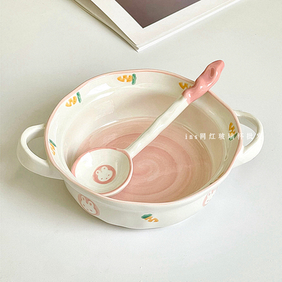 简约沙拉碗双耳彩绘碗可爱陶瓷碗