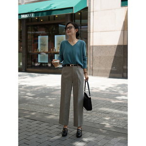 沫里THEMAURY秋冬复古高腰千鸟格阔腿裤 宽松通勤九分裤女K2666