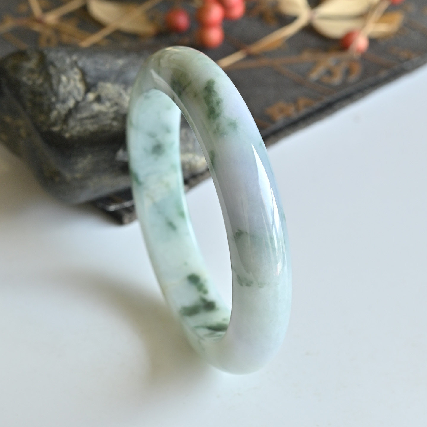 清仓天然A货翡翠手镯冰糯种三彩玉镯子女57.5缅甸玉手镯一物一图