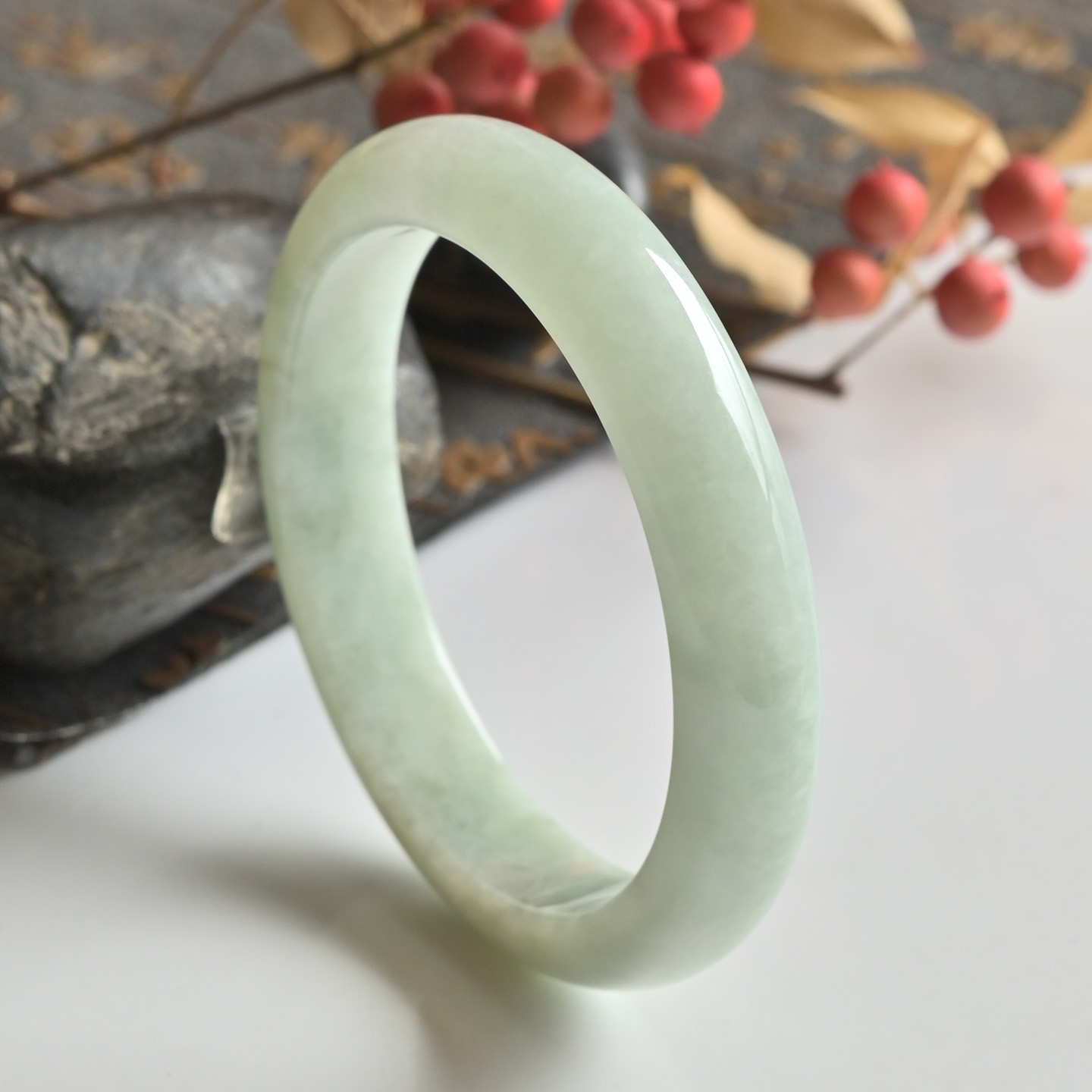 清仓天然A货翡翠手镯冰糯种淡绿玉镯子女57.2缅甸玉手镯一物一图