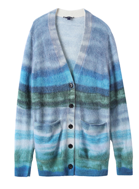 di kangra/德凯佳100%纯山羊绒女装横条纹拉毛V领开衫S23-1018