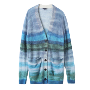 S23 横条纹拉毛V领开衫 德凯佳100%纯山羊绒女装 1018 kangra