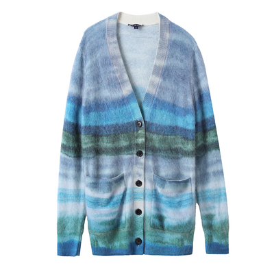 di kangra/德凯佳100%纯山羊绒女装横条纹拉毛V领开衫S23-1018