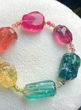 大糖块~彩虹碧玺随形手串~原石不定形手链18k金钻石 色标精品手链