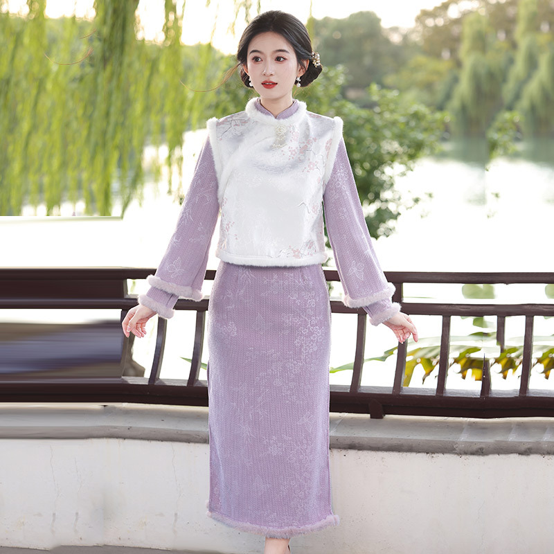 紫色加绒国风苏州长袖改良旗袍冬季厚款女新中式2025新款复古秋冬